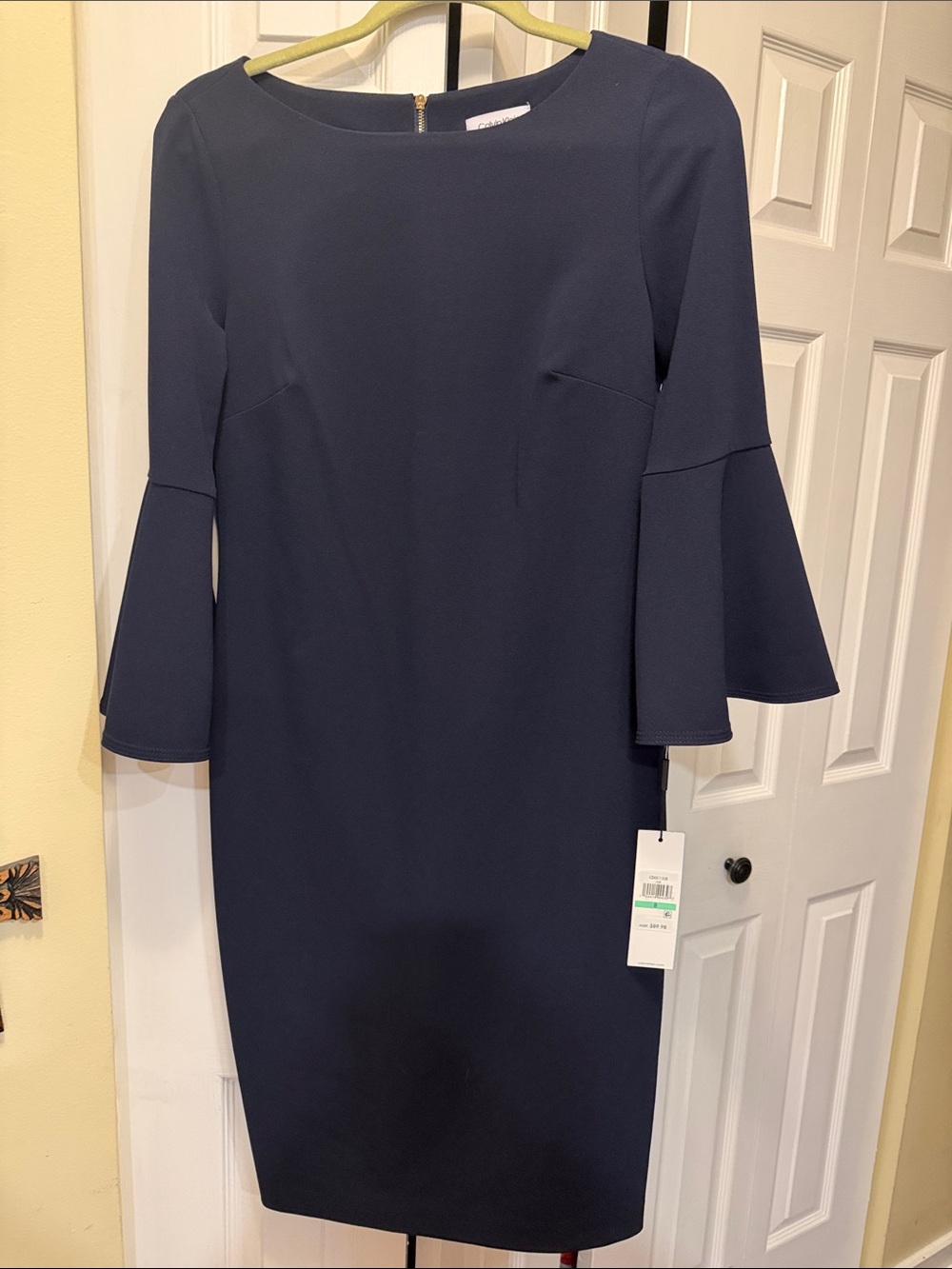 Calvin Klein Navy Midi Sheath Dress with Bell Sleeves